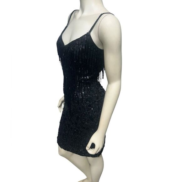 90’s Jacqueline Ferrar 100% Silk Beaded Fringe Black Dress Sleeveless Cocktail - Picture 3 of 16